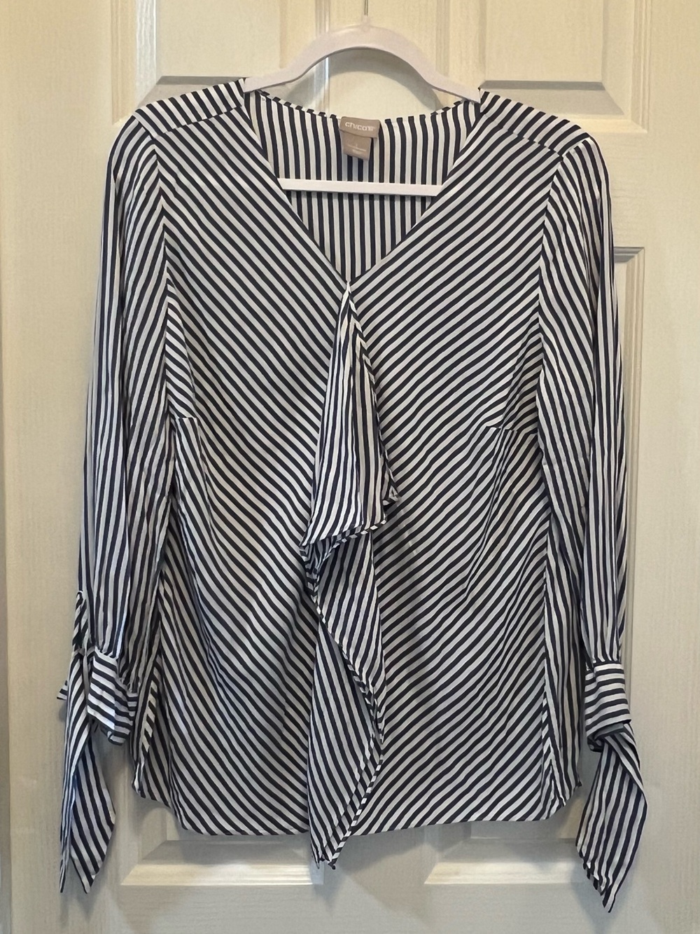 Chico's Navy & White Diagonal Stripe Tie-Front Blouse